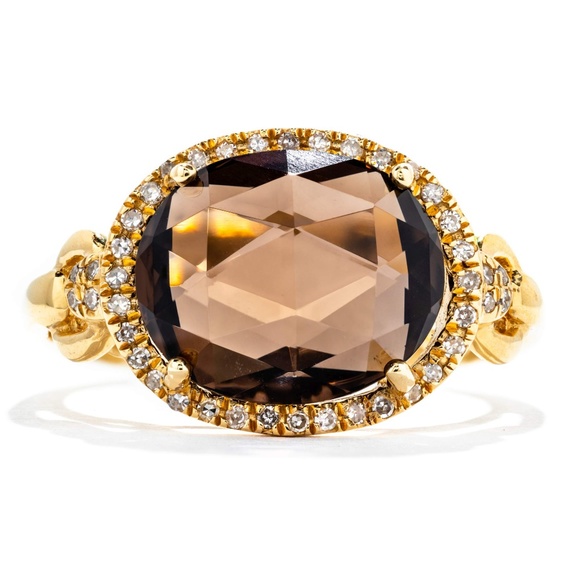 14K Yellow Gold Smoky Quartz & Diamond Halo Ring - Picture 1 of 3